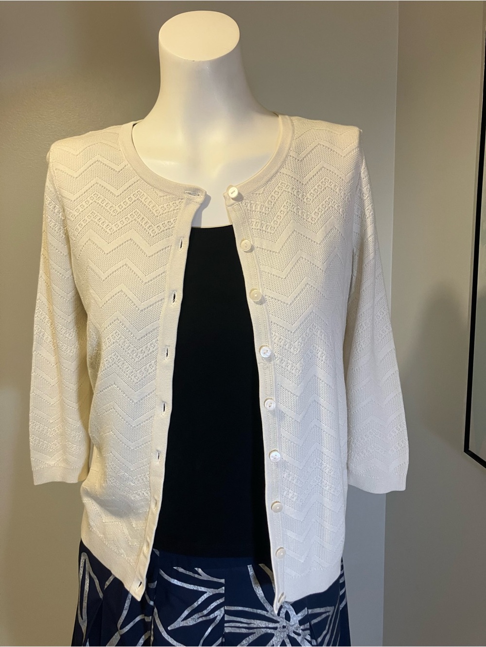 Talbots Petites Cream Chevron Pointelle Knit Cardigan Sweater - Medium Petite
